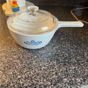 Vintage CorningWare White Saucepan with Blue Floral pattern & lid